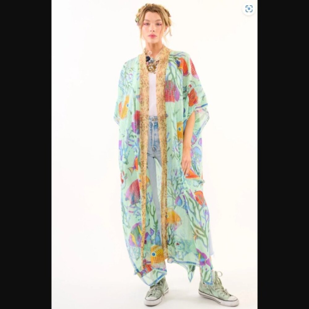 Aratta Ocean Breeze Kimono Duster Coverup Blue Fish Beach one size NWT